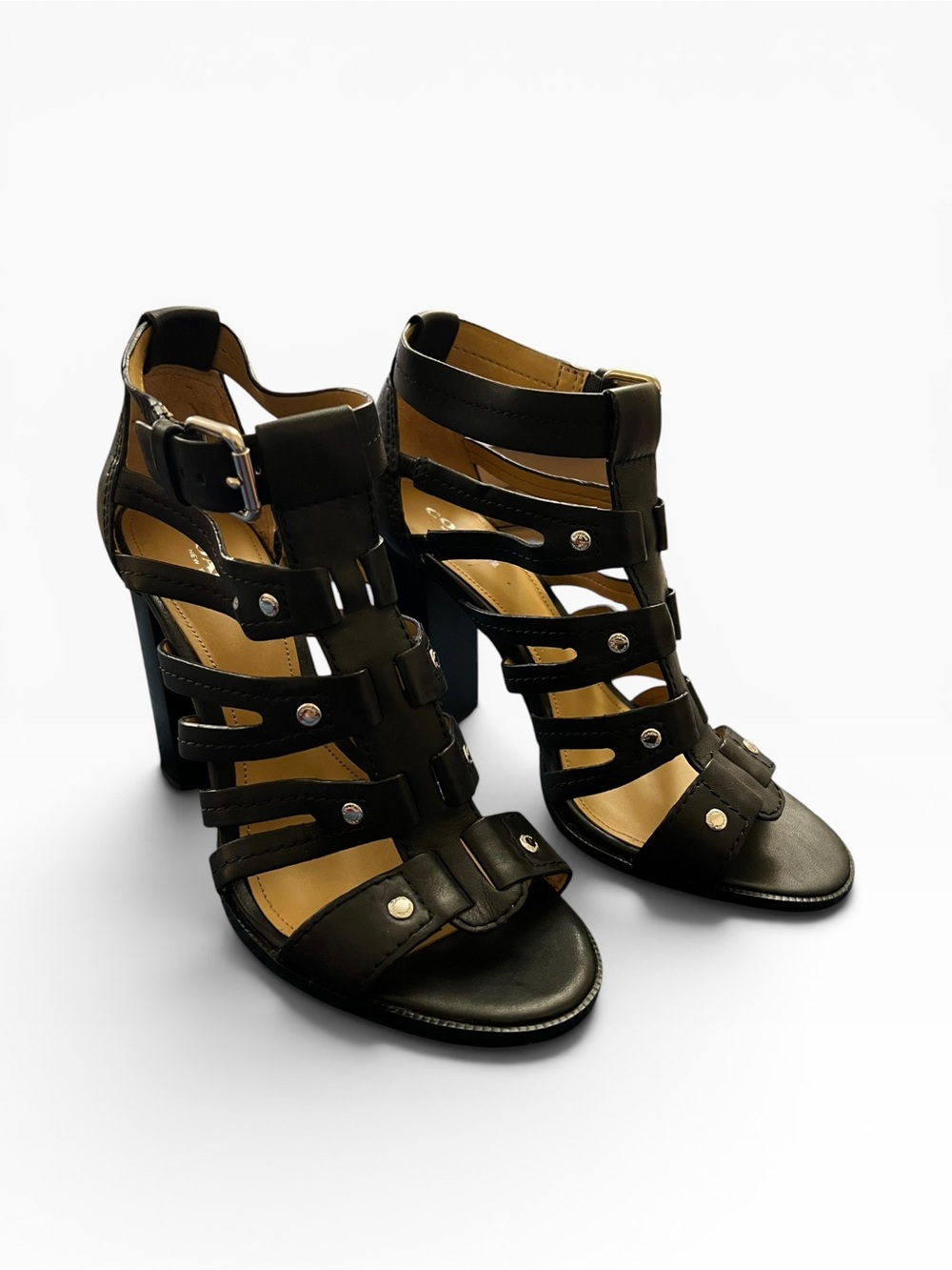 Coach Ginny Black Leather Studded Gladiator Cage Heels Sz 7.5